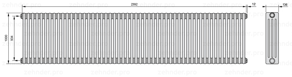 Схема (чертеж) Радиатор Zehnder Charleston 4100/52 №1270 Белый глянцевый RAL 9016